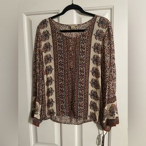 Lucky Brand Boho Floral Print Long Sleeve Blouse side tie Women's size Large.